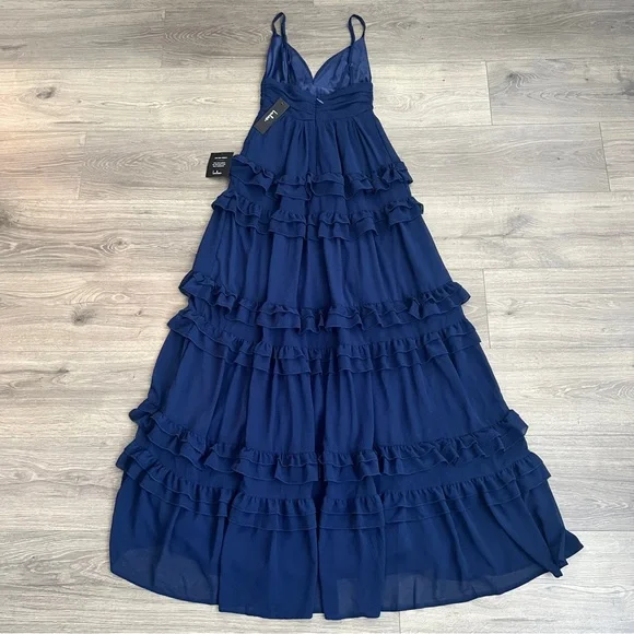 Lulus Lavish Perfection Ruffle Tiered Maxi Dress XS Navy Blue Chiffon Formal - Picture 8 of 11